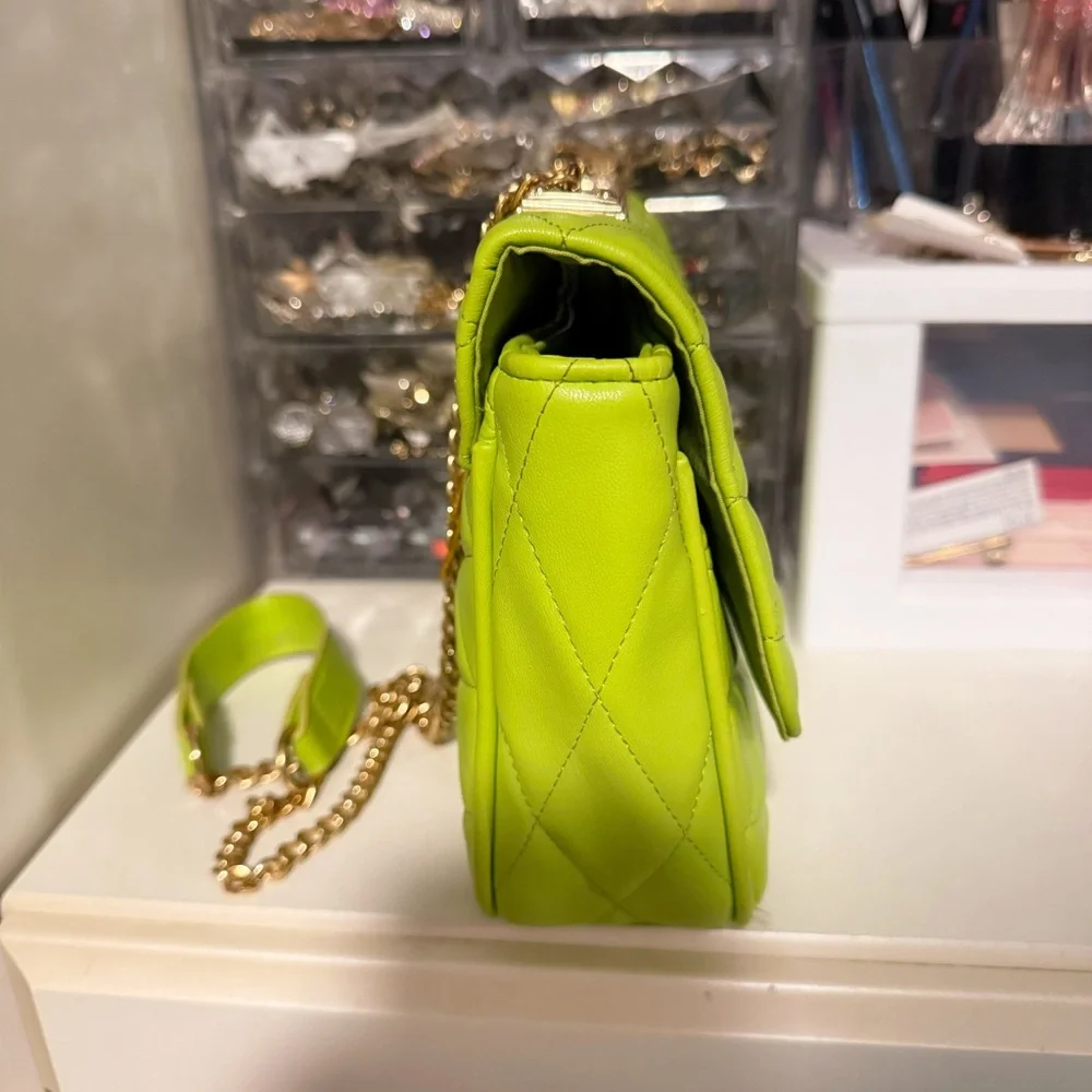 Bebe Lime Green Quilted Chain Shoulder Bag